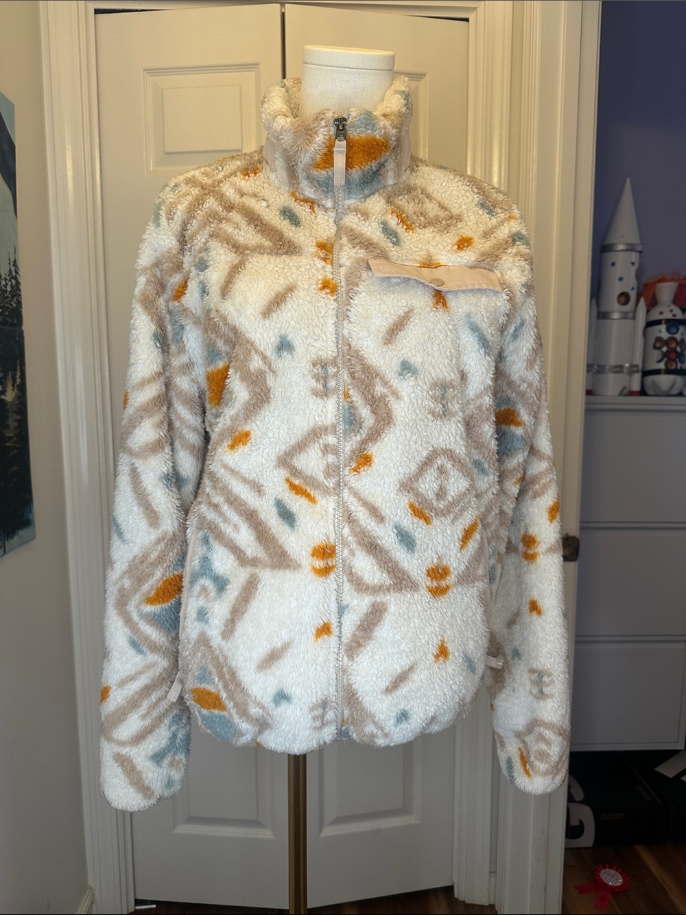 Cozy Cream Geometric Teddy Jacket with Zip M